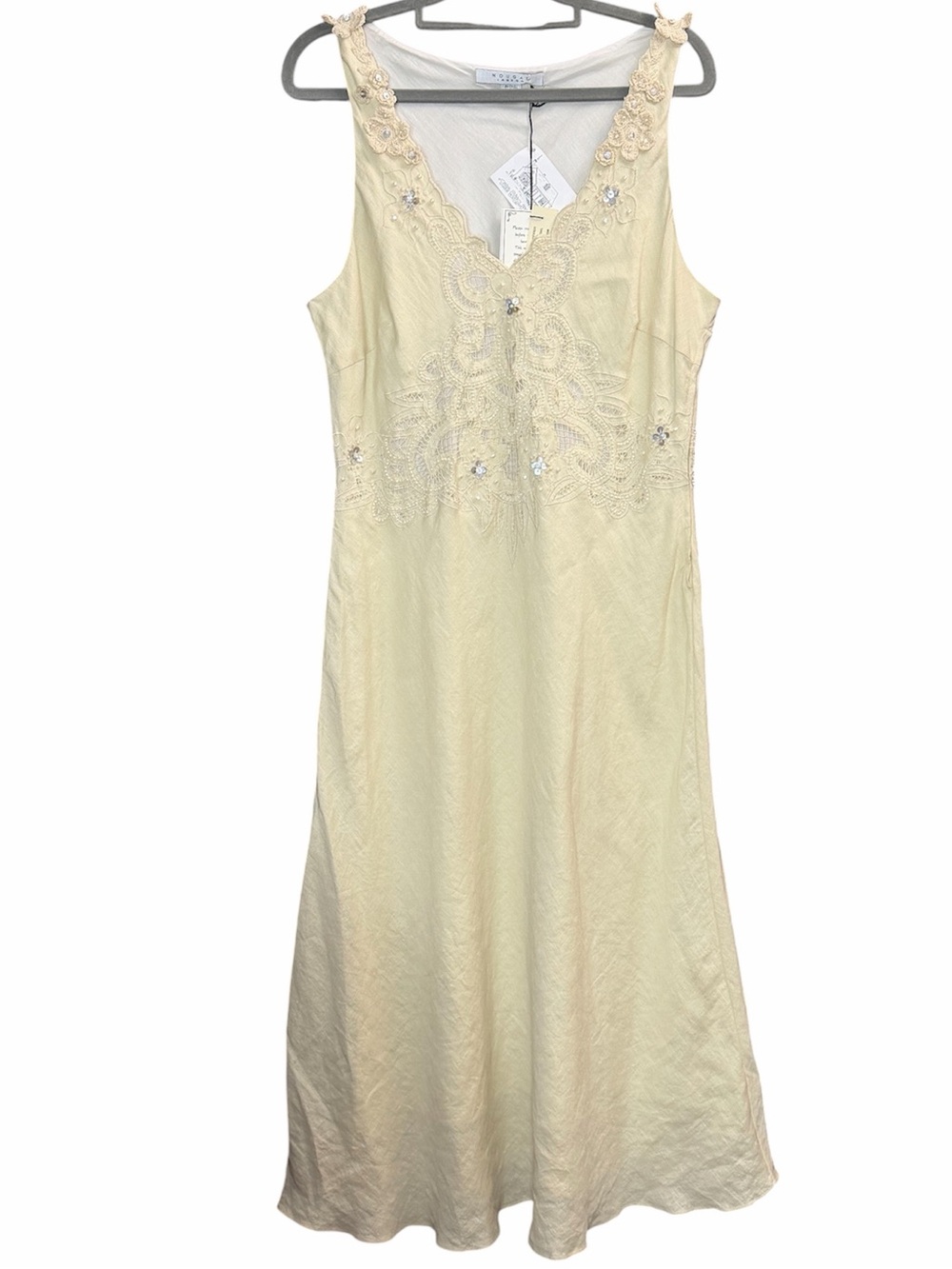 Nougat London Cream Linen Embroidered Embellished Sequin Dress NWT US Size 6/8